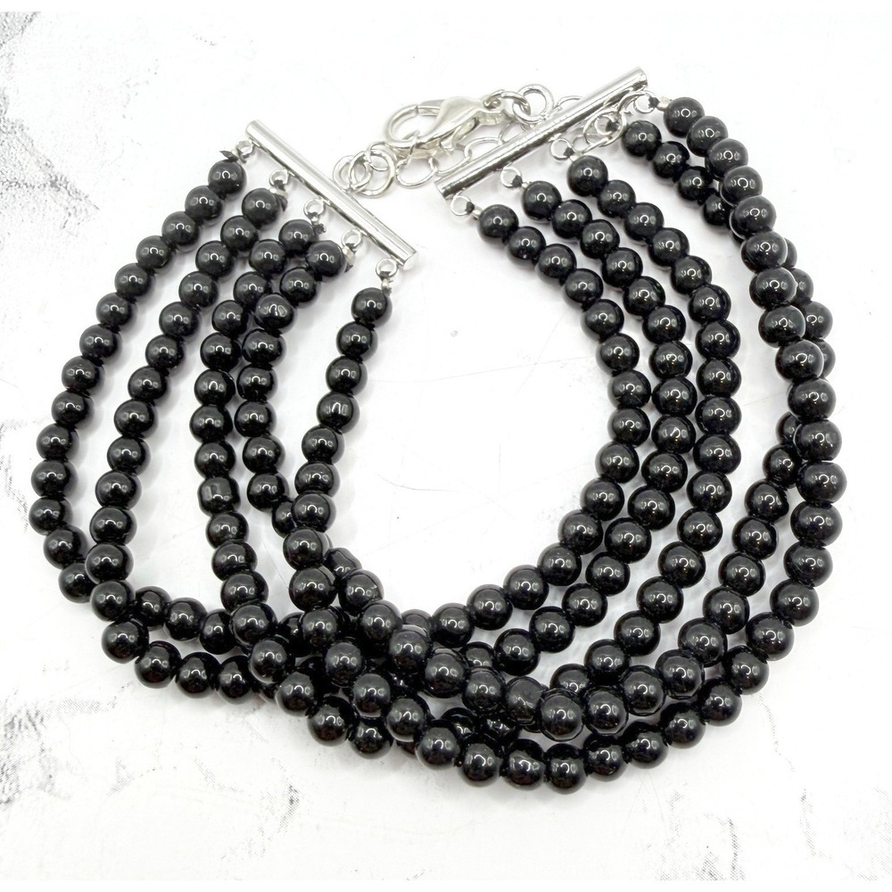 Black Beaded Multi Strand Bracelet Stainless Steel 7-9" Monochrome Jewelry